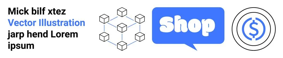 Three elements include text, a network of cubes indicating blockchain, a blue Ilustración de archivo