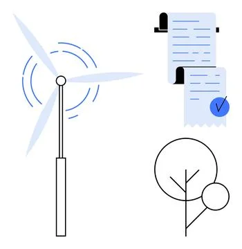 Three elements include a wind turbine, a paper document with a checkmark, and イラスト素材