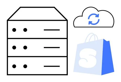 Three elements including a data storage server, cloud sync symbol, and shoppi 스톡 일러스트