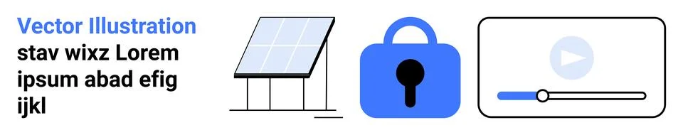 Three elements including a solar panel, a padlock, and a video player interfa Stock Illustration