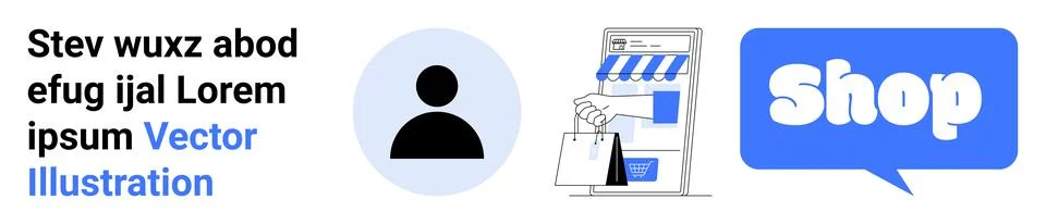 Three elements showing a user profile icon, a storefront with shopping bags,  Stock Illustration