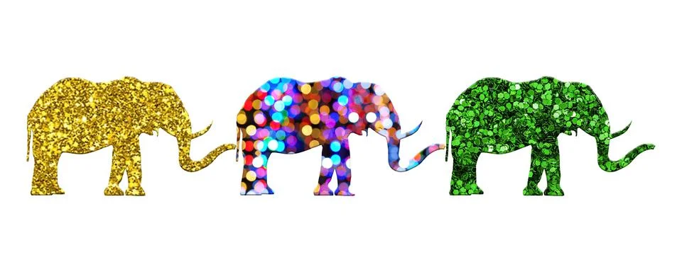 Three elephants with different patterns isolated on a white background Illustrazione stock