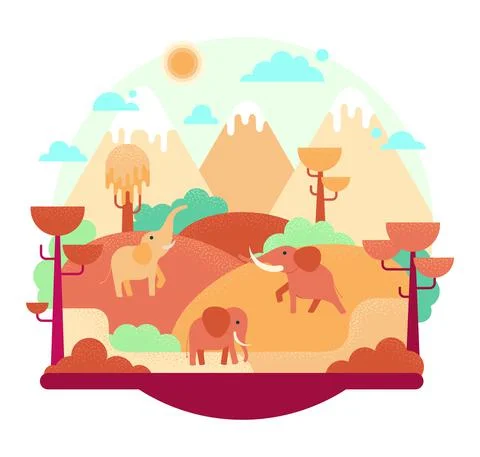 Three elephants - flat cartoon vector illustration in orange color Stock Illustration