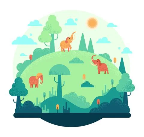 Three elephants on a green meadow - flat cartoon vector illustration Stock Illustration