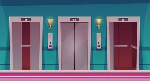 Three elevators with different door opening positions, public lobby interior Illustrazione stock