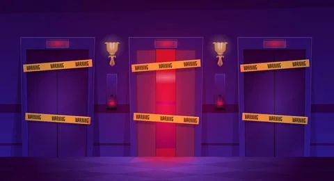 Three elevators with different door opening positions sealed with yellow warning Illustrazione stock