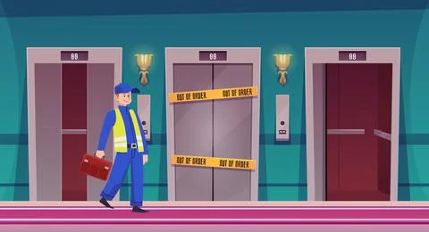 Three elevators with different door opening positions, one is out of order Stock Illustration