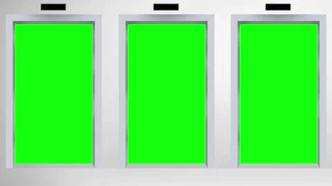 Three elevators Lift doors opening with green screen revealing 4K Video stock 153053878