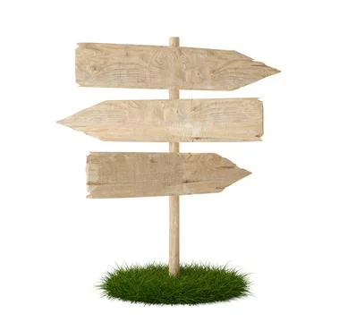 Three empty, blank wooden arrow signs on green grass patch with room for te.. イラスト素材