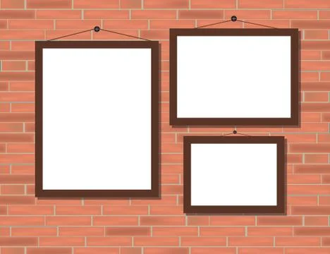 Three empty brown frames on red brick wall. Stockillustratie