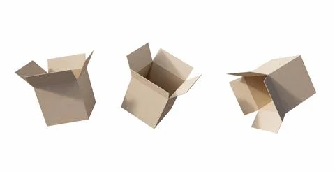 Three Empty Cardboard Boxes Floating on a White Background Illustrazione stock