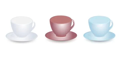 Three empty cups mockups with saucers vector design. Isolated on white  Stock Illustration