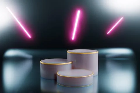 Three empty cylinder podiums with a border. Glowing lines in the background. Illustrazione stock
