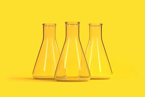 Three empty erlenmeyer flask on yellow background. Chemistry flask Stock-Illustration