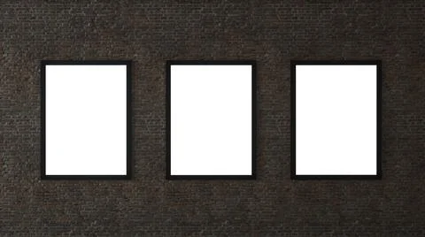 Three empty frames in a room against a white brick wall. 3d rendering Stock Illustration