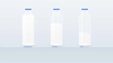 Three empty glass bottles with blue caps on a light blue background Stock Footage 346661246