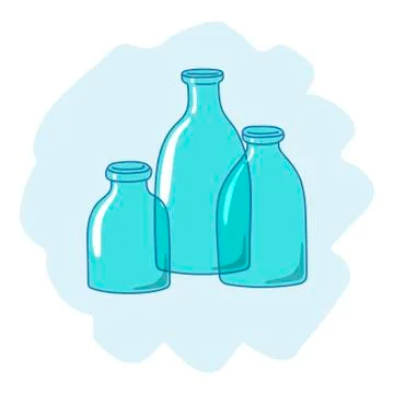 Three empty glass bottles, drawn in a cartoon style. Stock Illustration