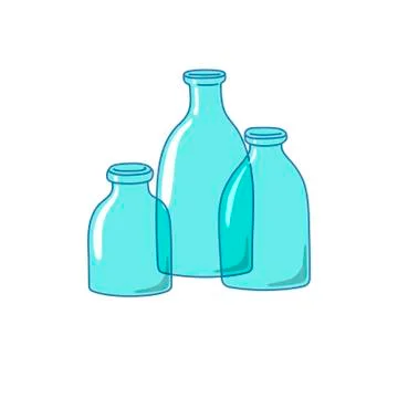 Three empty glass bottles, drawn in a cartoon style. Stock Illustration