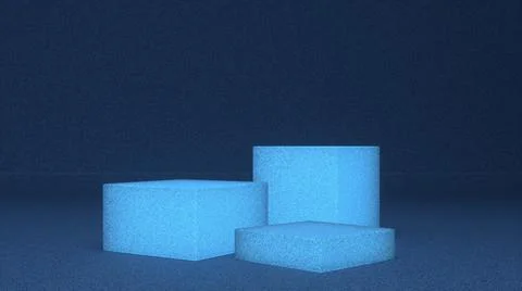 Three empty Glow blue stands and abstract geometry background. Podium, pedest Stock Illustration