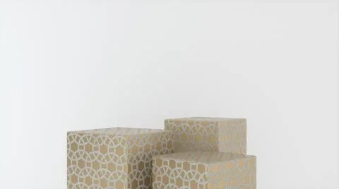Three empty Golden pattern stands and abstract white geometry background. Pod Stock Illustration