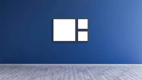 Three empty modern square black frame mockup design on a blue wall room for Stock Illustration
