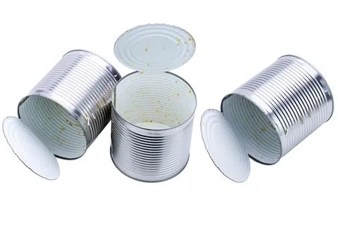 Three empty open tin cans isolated on a white background with a clipping path 库存照片
