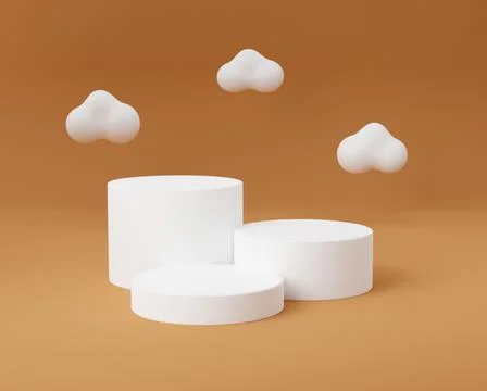 Three empty pedestal with cloud on brown background - 3d render. 3D white pod Illustrazione stock