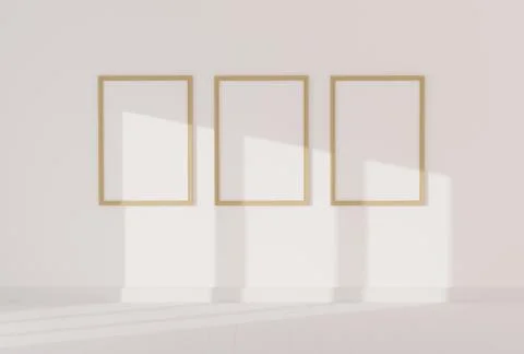 Three empty photo frame for mockup in empty white room, 3D render, 3D illustr Stock Illustration