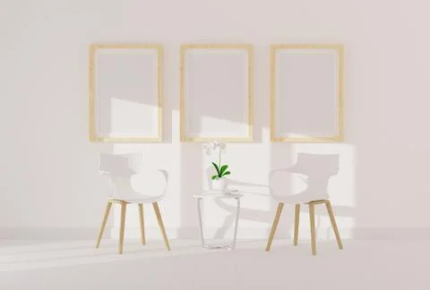 Three empty photo frame for mockup in modern living room, 3D render, 3D illus Stock Illustration