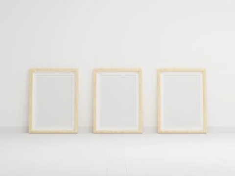 Three empty photo frame for mockup in empty white room, 3D render, 3D illustr Stock Illustration