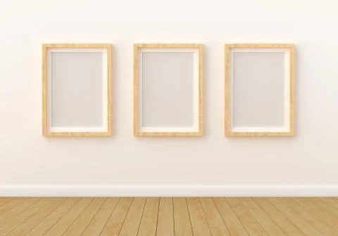 Three empty photo frame for mockup in modern living room, 3D render, 3D illus Stock Illustration