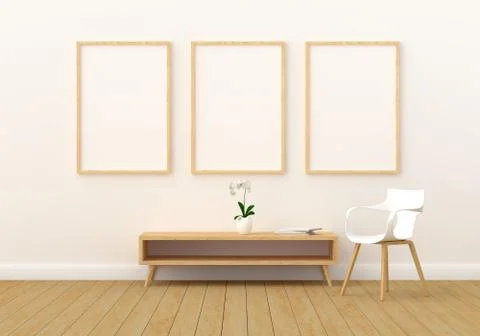 Three empty photo frame for mockup in modern living room, 3D render, 3D illus Stock Illustration