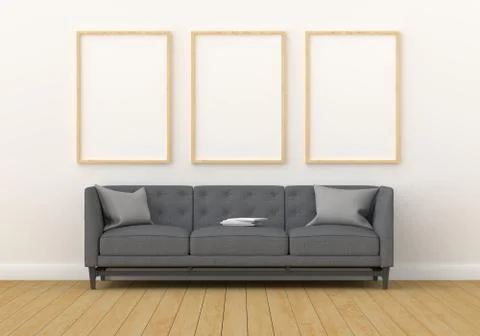 Three empty photo frame for mockup in modern living room, 3D render, 3D illus Stock Illustration