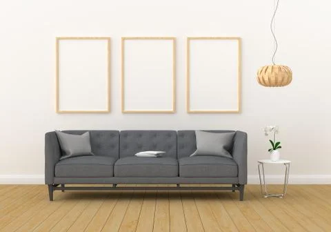 Three empty photo frame for mockup in modern living room, 3D render, 3D illus Stock Illustration