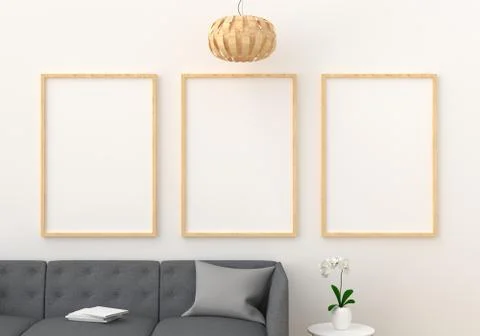 Three empty photo frame for mockup in modern living room, 3D render, 3D illus Stock Illustration