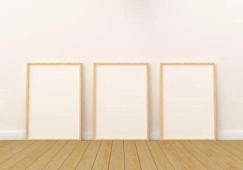 Three empty photo frame for mockup in modern living room, 3D render, 3D illus Stock Illustration