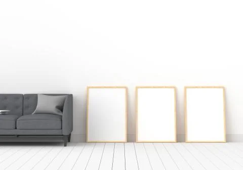 Three empty photo frame for mockup in modern living room, 3D render, 3D illus Stock Illustration