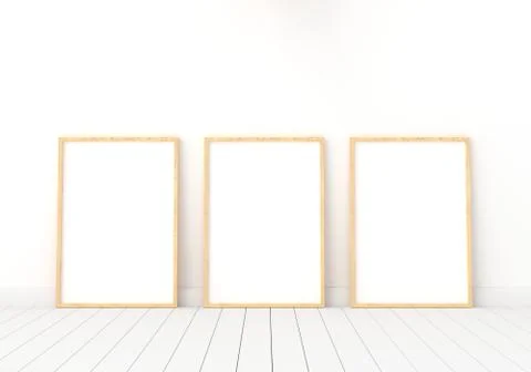 Three empty photo frame for mockup in modern living room, 3D render, 3D illus Stock Illustration