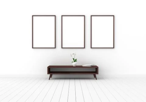 Three empty photo frame for mockup in modern living room, 3D render, 3D illus Stock Illustration