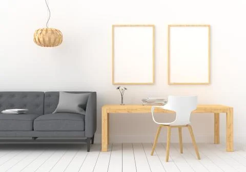 Three empty photo frame for mockup in modern living room, 3D render, 3D illus Stock Illustration