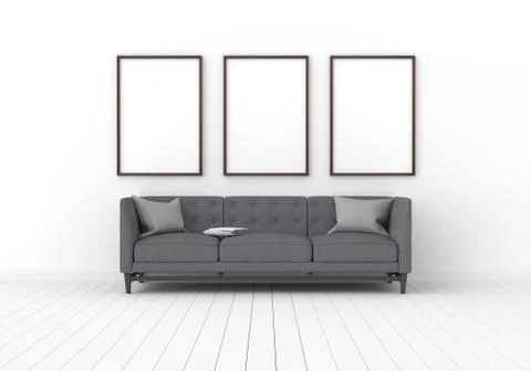 Three empty photo frame for mockup in modern living room, 3D render, 3D illus Stock Illustration