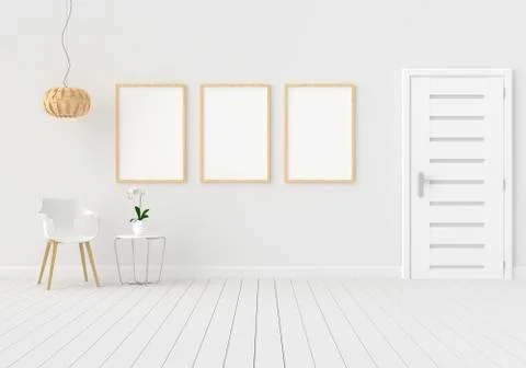 Three empty photo frame for mockup in modern living room, 3D render, 3D illus Stock Illustration