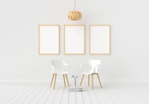 Three empty photo frame for mockup in modern living room, 3D render, 3D illus Stock Illustration
