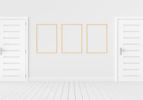 Three empty photo frame for mockup in empty white room, 3D render, 3D illustr Stock Illustration