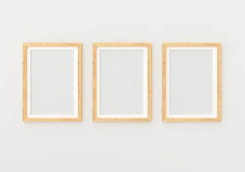 Three empty photo frame for mockup in empty white room, 3D render, 3D illustr Stock Illustration