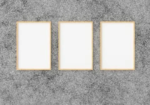 Three empty photo frame for mockup in empty wall, 3D render, 3D illustration Stock Illustration