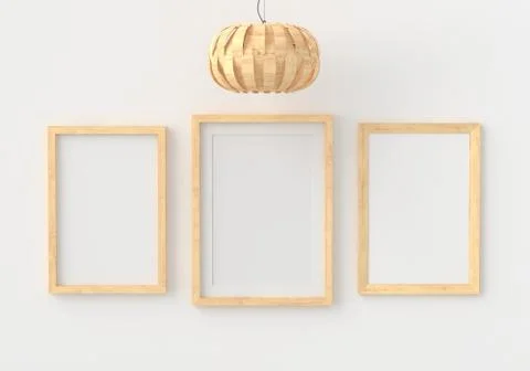 Three empty photo frame for mockup in empty white room, 3D render, 3D illustr Stock Illustration