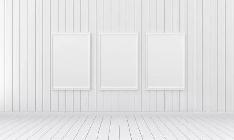 Three empty photo frame for mockup in empty white room, 3D render, 3D illustr 스톡 사진