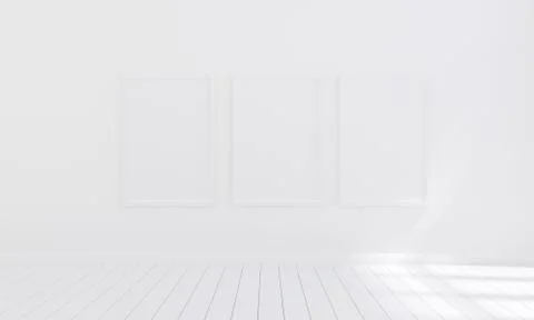 Three empty photo frame for mockup in empty white room, 3D render, 3D illustr Stock Photos