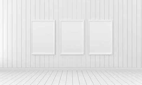 Three empty photo frame for mockup in empty white room, 3D render, 3D illustr 写真素材